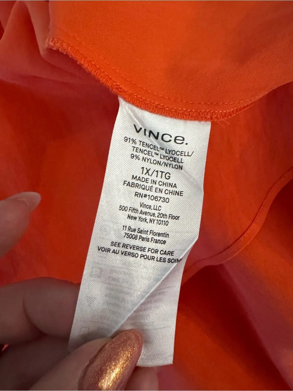 $295 Vince Women's Orange Cuffed Cotton V-Neck Blouse Top Size XL